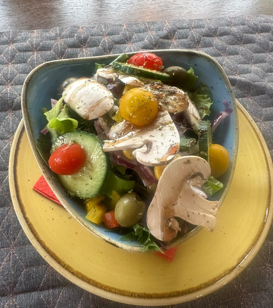 Gemischter Salat mit Champignons, Kirschtomaten, Oliven und Gurke