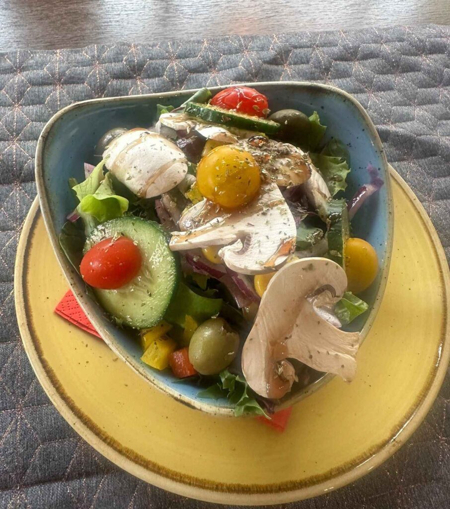 Gemischter Salat mit Champignons, Kirschtomaten, Oliven und Gurke